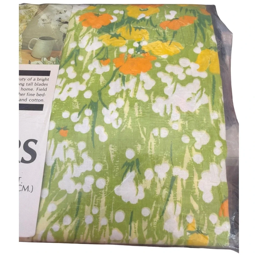 Vintage Danville Twin Flat Sheet Field Flowers Cottagecore Retro Floral Green